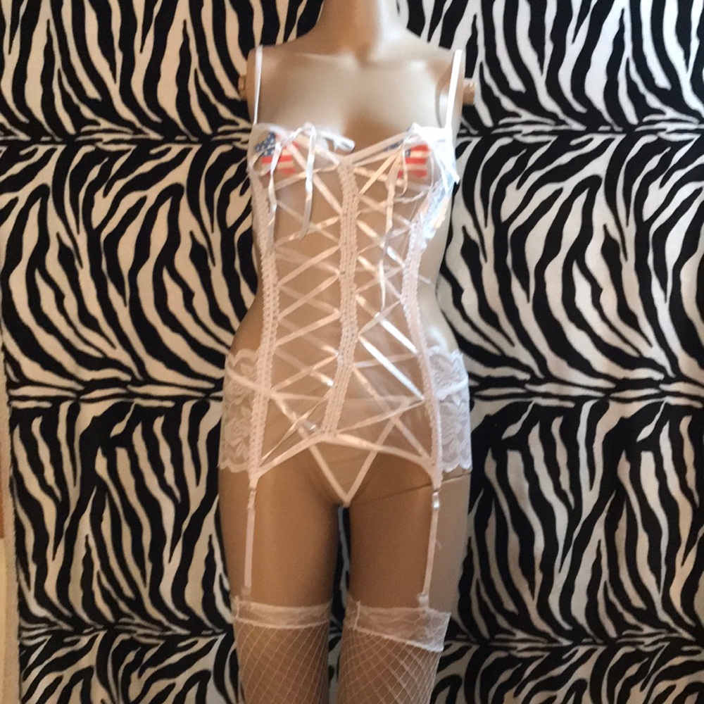 White lace lingerie dress with stockings